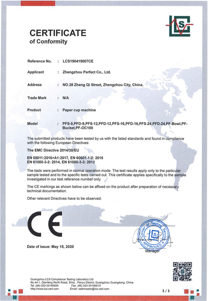 China Zhengzhou Perfect Co., Ltd. Certificações